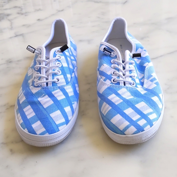 Blue and White Plaid Canvas Sneakers with non-marking soles. - Picture 2 of 6